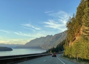 Beautiful sunset over the Sea-to-Sky Highway 99 in British Columbia, Canada.